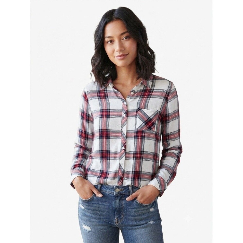 Rails White Rose Navy Hunter Plaid Button Down Shirt Flanne Size Small Classic